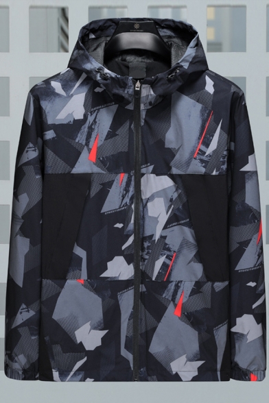 Trendy Mens Coat Camouflage Zip Closure Long Sleeve Regular Fit Coat with Hood