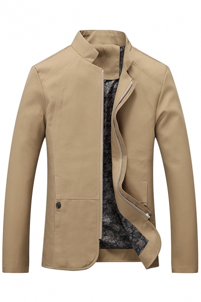 Trendy Plain Mens Jacket Zip Closure Pockets Detail Stand Collar Regular Fit Jacket
