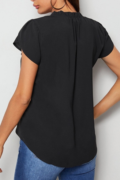 Trendy Plain Shirt V-Neck Button Detail Curved Hem Short-Sleeved Shirt for Women