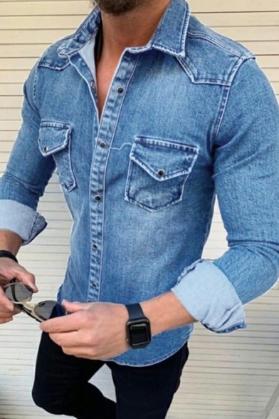 Urban Jacket Plain Button Closure Long Sleeve Spread Collar Denim Jacket for Men