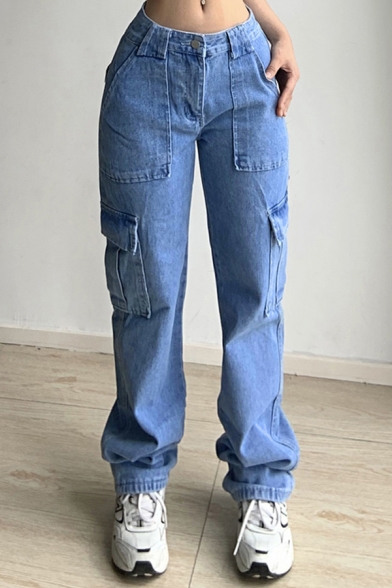Vintage Ladies Plain Jeans Mid Rise Zipper Fly Flap Pockets Long Straight Jeans