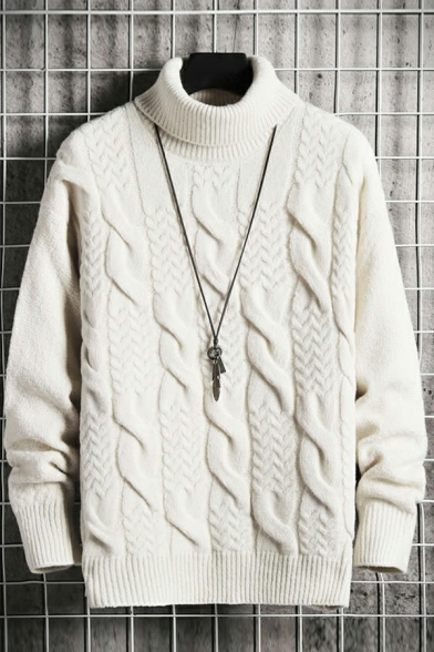 Vintage Men's Sweater Cable Knit Ribbed Trim Turtle Neck Long Sleeve Relaxed Fit Sweater