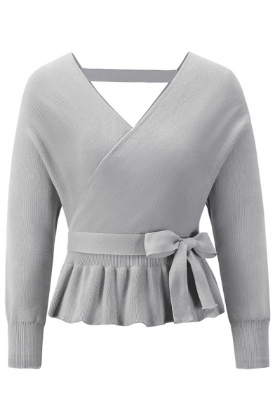 Womens Creative Sweater Solid V-Neck Backless Long Sleeve Ruffle Hem Bow Detail Slim Cropped Sweater
