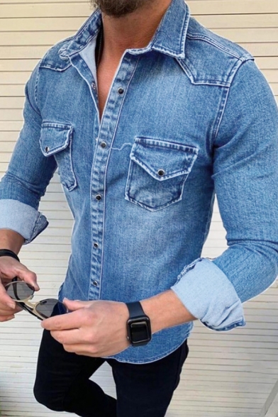 Basic Men's Jacket Plain Long Sleeve Button Closure Pocket Lapel Collar Fitted Denim Jacket