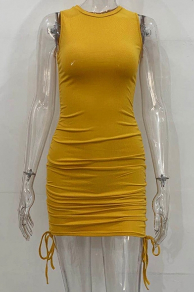 Casual Tank Dress Solid Sashes Drawstring Side Mini Womens Dress