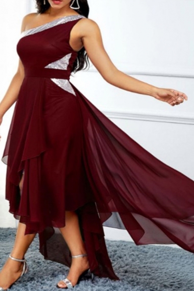 Casual Womens Dress Plain One Shoulder Sleeveless Lace Up Midi Asymmetrical Dress