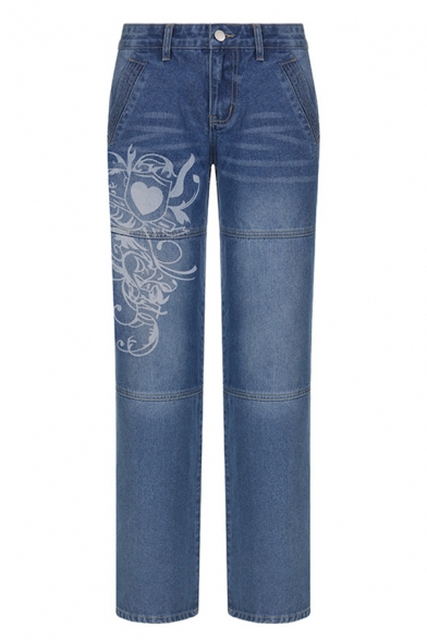 Chic Girls Jeans Darkwash Blue Heart Print Zip Fly Low Rise Full Length Straight Jeans