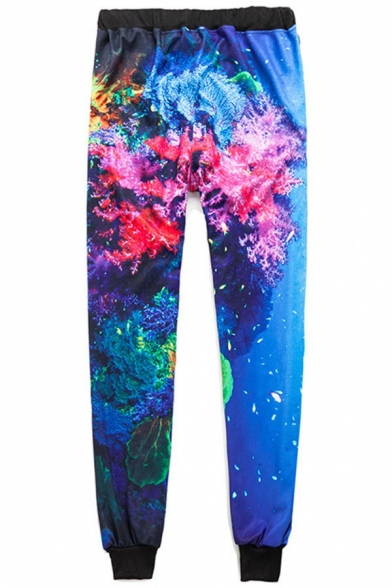 Chic Mens Pants 3D Coral Print Drawstring Elastic Waist Mid Rise Skinny Fit Pants