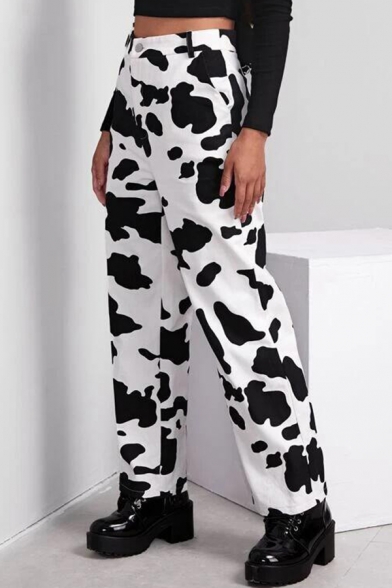 Classic Ladies Pants Cow Pattern Mid Waist Zipper Fly Long Straight Pants