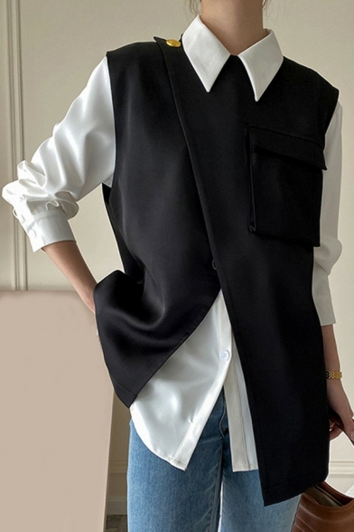 Creative Womens Vest Crew Neck Single Button Asymmetric Hem Regular Fit Suit Vest in Black