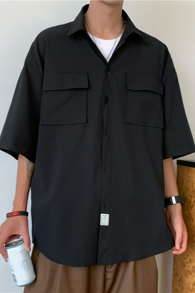 Daily Mens Shirt Plain Chest Pocket Short Sleeve Turn-down Collar Loose Fit Button Shirt