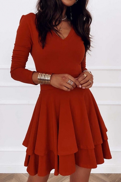 Edgy Womens Dress Solid Color V-Neck Long Sleeve Mini A-Line Dress