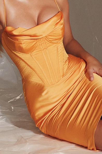 Elegant Cami Dress Plain Slim Fitted Midi Slip Dress for Women