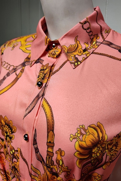 Ethnic Shirt Dress Turn-Down Collar Floral Pattern Button Closure Tie Waist Maxi Shirt Dress for Women