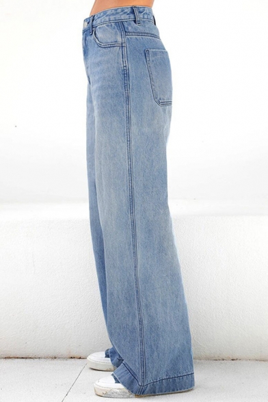 Fashionable Womens Jeans High Waist Zipper Fly Full Length Wide Leg Jeans with Washing Effect