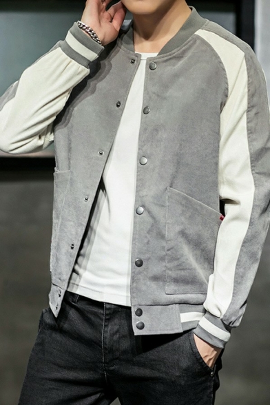 Guy's Chic Jacket Color Block Stand Collar Regular Zipper Long-sleeved Baseball Jacket