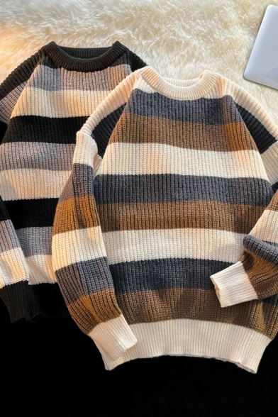 Guy's Urban Sweater Stripe Printed Long Sleeve Crew Neck Loose Fitted Pullover Sweater