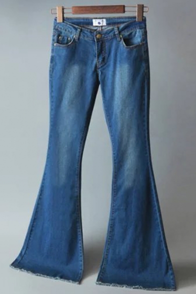 Leisure Denim Pants Faded Wash Zipper Up Long Length Fringe Hem Flare Jeans for Women