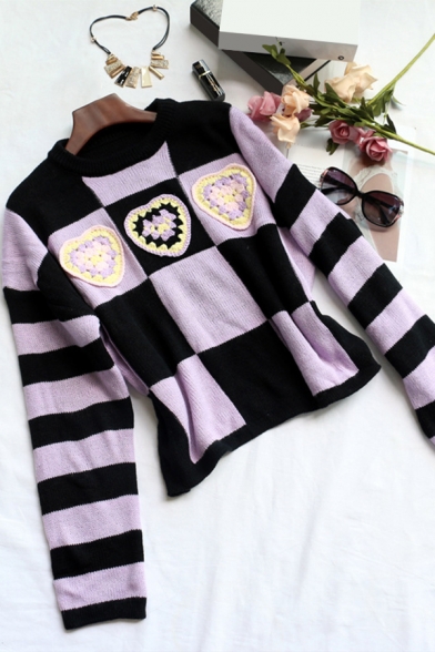 Leisure Girls Sweater Plaid Heart Detail Round Neck Long Sleeve Relaxed Cropped Sweater