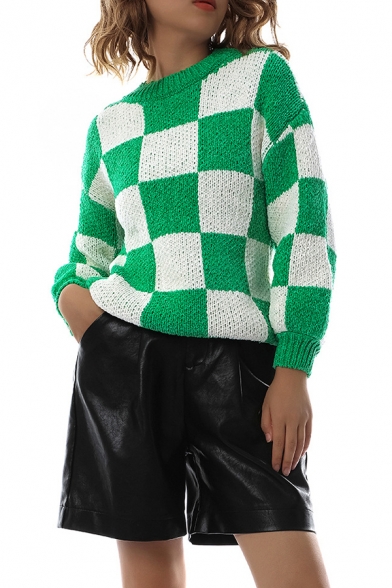 Leisure Sweater Checked Print Crew Neck Long Sleeve Loose Fit Pullover Sweater