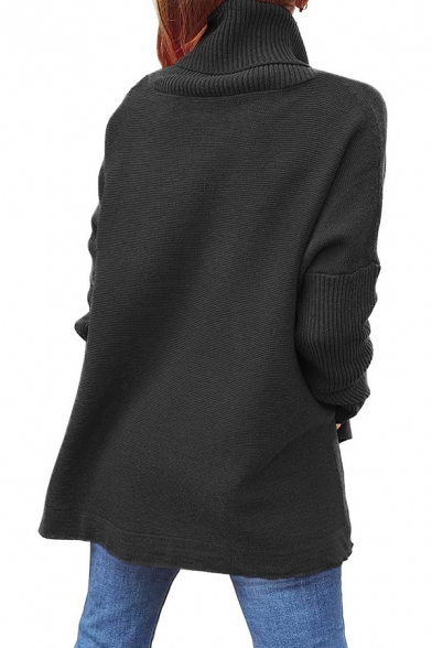 Leisure Womens Sweater Plain High Neck Long Bat Sleeve Split Detail Slim Fit Sweater