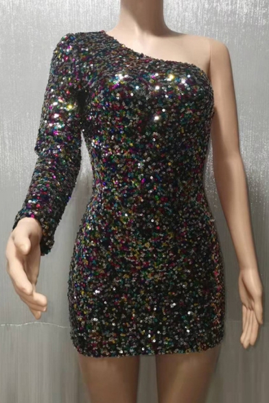 Luxury Womens One Shoulder Long Sleeve Sequined Bodycon Dress