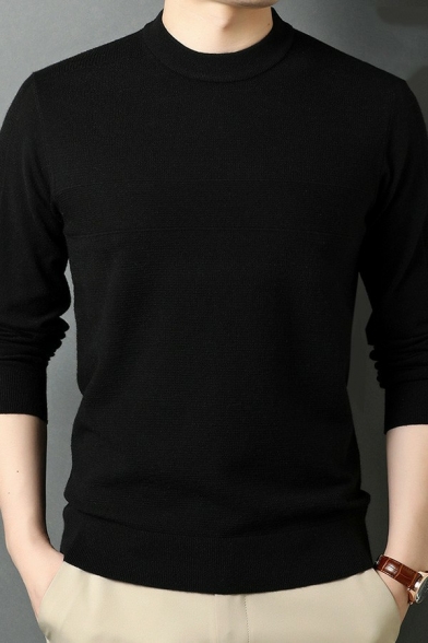 Mens Basic Sweater Pure Color Rib Cuffs Crew Neck Long-Sleeved Regular Pullover Sweater
