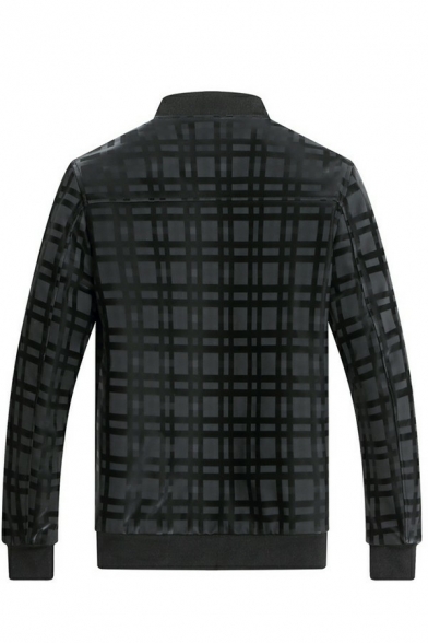 Mens Trendy Jacket Plaid Print Stand Collar Long Sleeves Regular Zip Down Leather Jacket