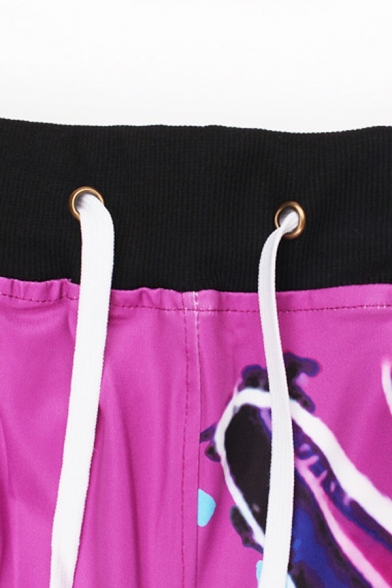 Popular Mens Pants 3D Cartoon Print Drawstring Elastic Waist Mid Rise Straight Skinny Fit Pants in Pink
