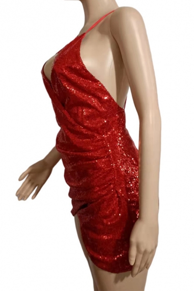 Sexy Cami Dress Solid V-Neck Sequined Spaghetti Strap Slim Fit Mini Womens Dress