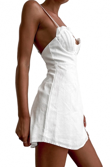 Sexy Plain Mini Dress Curved Hem Fitted Spaghetti Straps Dress in White