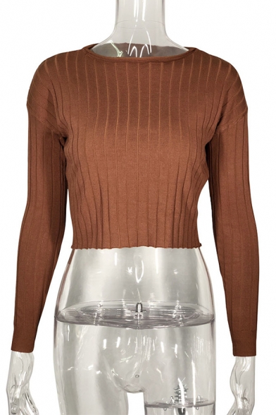 Simple Ladies Sweater Solid Round Neck Long Sleeve Straight Cropped Sweater