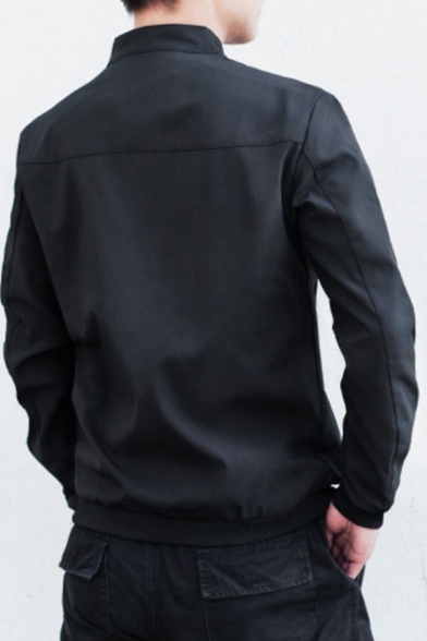 Simple Men Jacket Plain Zip Closure Long Sleeve Stand Collar Regular Fit Jacket