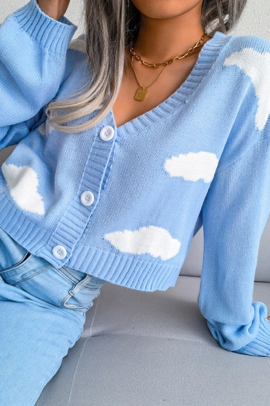 Stylish Girls Cardigan Cloud Pattern V Neck Long Sleeve Single Breasted Slim Cropped Cardigan