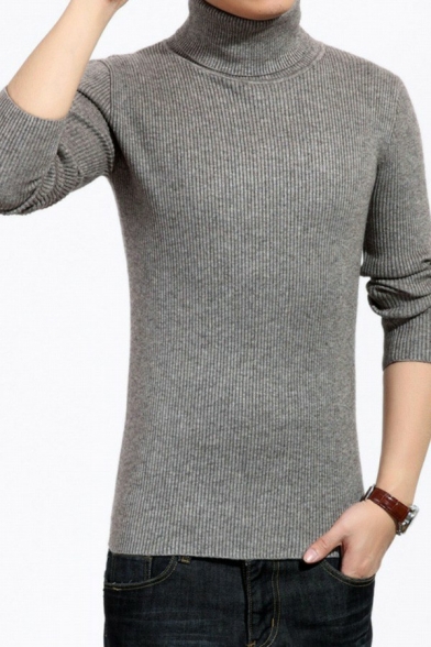 Stylish Guy's Sweater Solid Color Ribbed Hem Long Sleeve High Neck Skinny Pullover Sweater