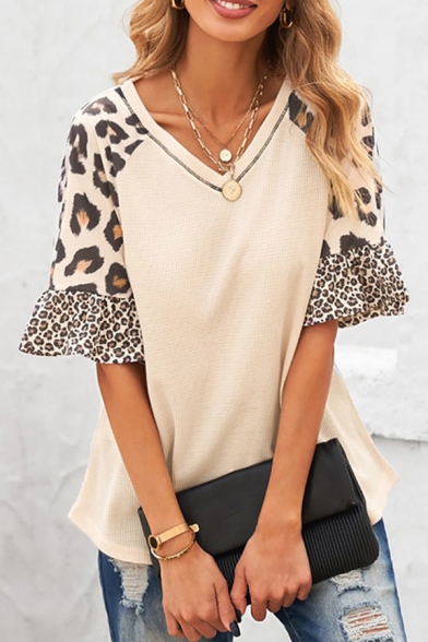 Stylish Ladies T-Shirt Leopard Print V-Neck Half Ruffle Sleeve Oversized T-Shirt