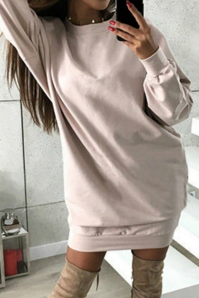 Stylish Womens Sweatshirt Plain Round Neck Long Sleeve Relaxed Long Sweatshirt
