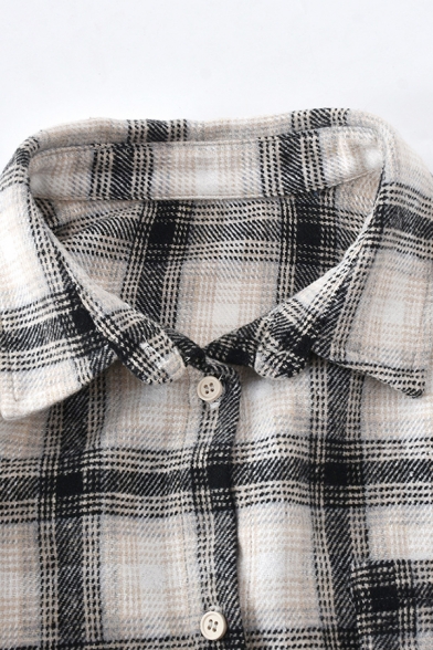 Trendy Cropped Shirt Plaid Spread Collar Single Breasted One Pocket Long Sleeve Womens Shirt