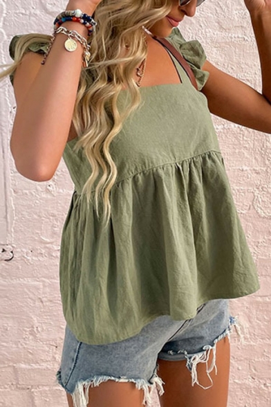 Trendy Womens Cami Plain Color Spaghetti Straps Ruffle Relaxed Tank Top