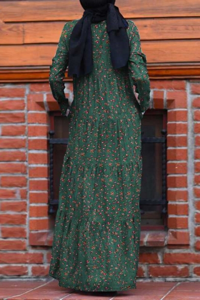 Trendy Womens Dress Ditsy Floral Pattern Round Neck Long-Sleeved Maxi Swing Dress