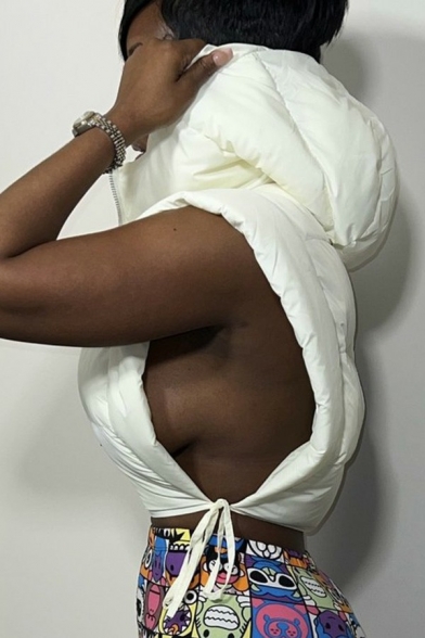 Trendy Womens Vest Solid Zip Up Bow Hem Sleeveless Padded Hooded Vest