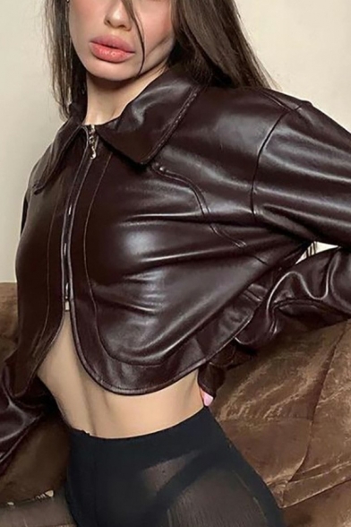 Unique Crop PU Jacket Spread Collar Zipper Down Long Sleeve Slim Fit PU Jacket for Women