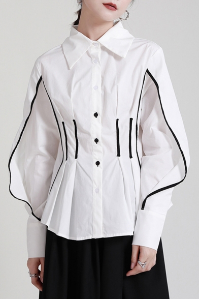 Unique Womens Shirt Turn Down Collar Contrast Stitching Button Closure Slim Fit Long Sleeve Shirt