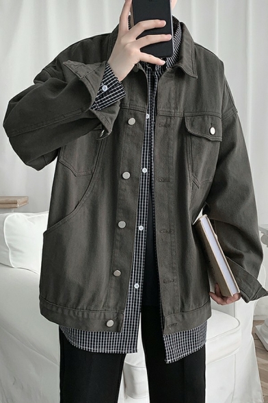 Urban Boy's Jacket Plain Button Closure Spread Collar Loose Fit Denim Jacket