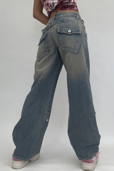 Vintage Womens Jeans Faded Wash Zip Fly Buckle Detail Loose Fit Long Straight Boyfriend Jeans with Pockets