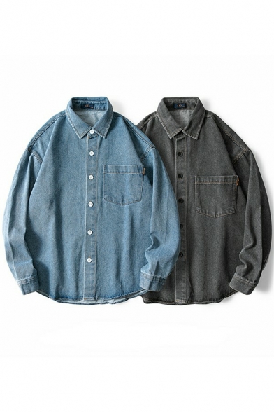 Casual Boy's Jacket Solid Color Button Closure Chest Pocket Turn-down Collar Loose Fit Denim Jacket