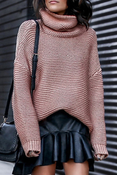 Casual Womens Sweater Solid High Neck Long Sleeve Split Hem Oversized Sweater