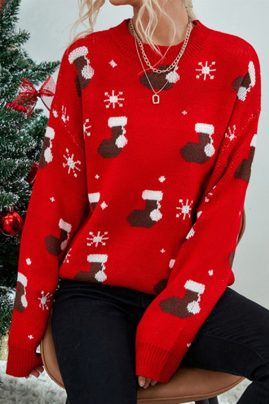 Christmas Theme Sweater Printed Crew Neck Long Sleeve Regular Fit Pullover Sweater for Women