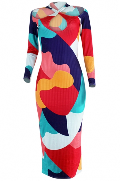 Colorful Womens Midi Dress Contrast Panel Criss Cross Hollow Dress