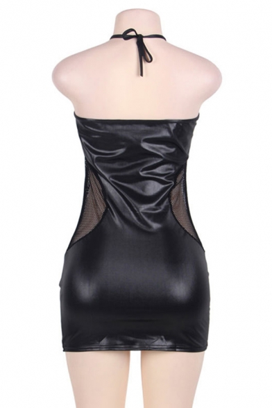 Creative Womens PU Bodycon Plain Short Dress Bodycon Halter Dress in Black